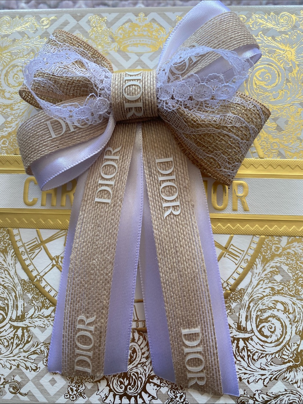 Handmade Dior Tan & white Logo Ribbon Hairclip Bow